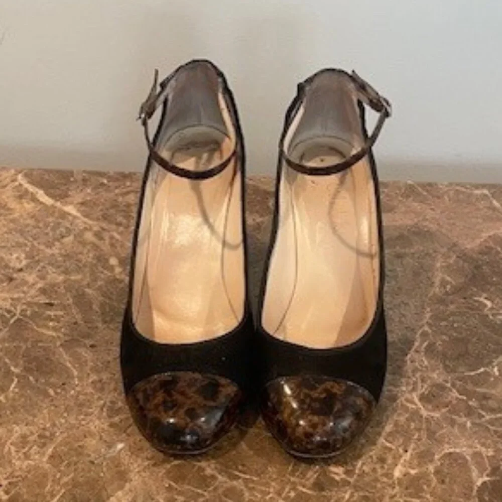 Cole Haan Collection Black Suede Ankle Strap with Tortoise Heels – Sz 6.5